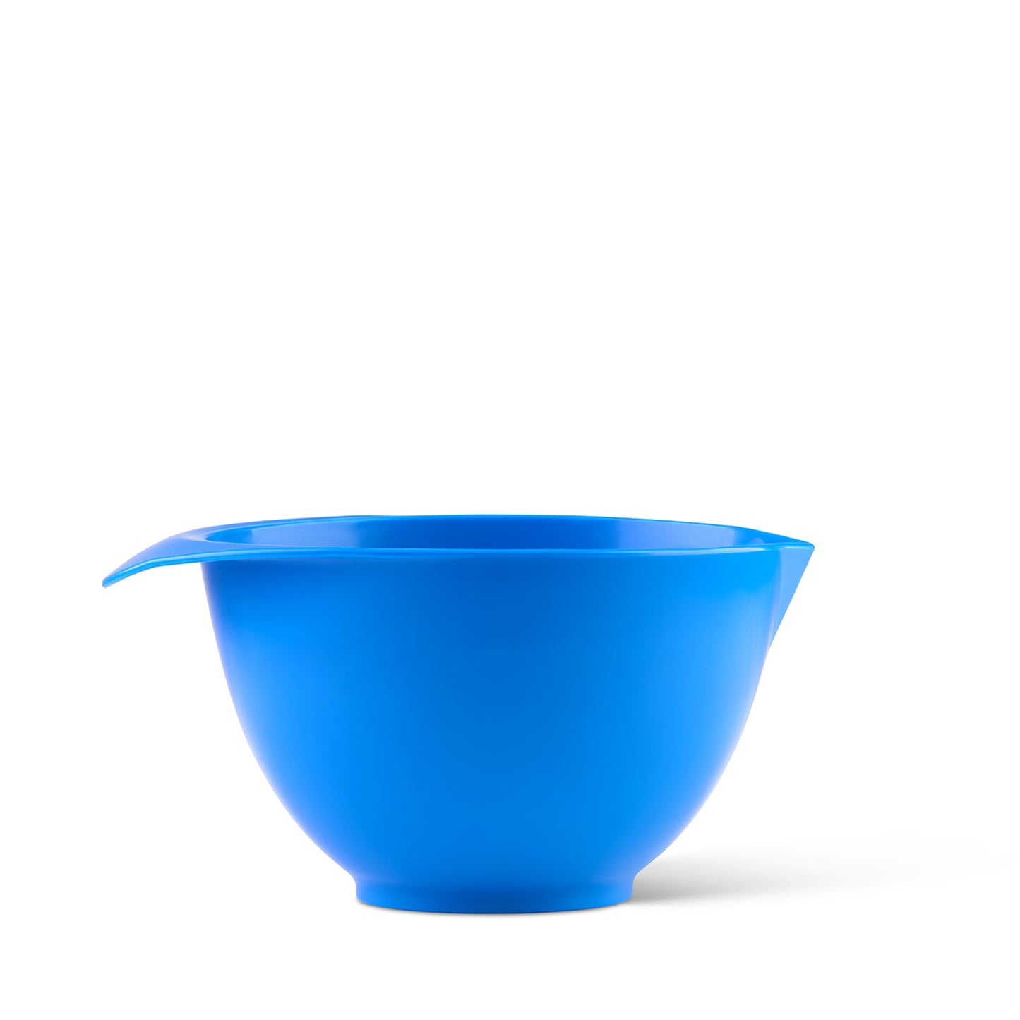 Dark blue plastic mixing bowl with handle and spout, microwave safe and dishwasher safe