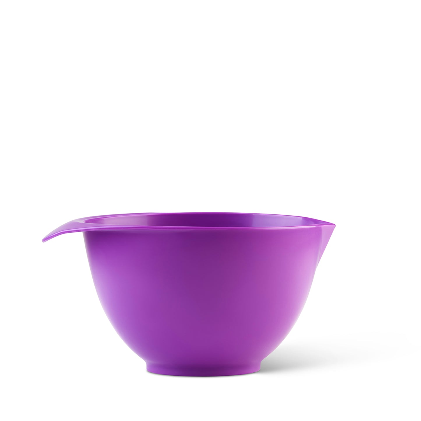 Purple plastic mixing bowl with handle and spout, microwave safe and dishwasher safe