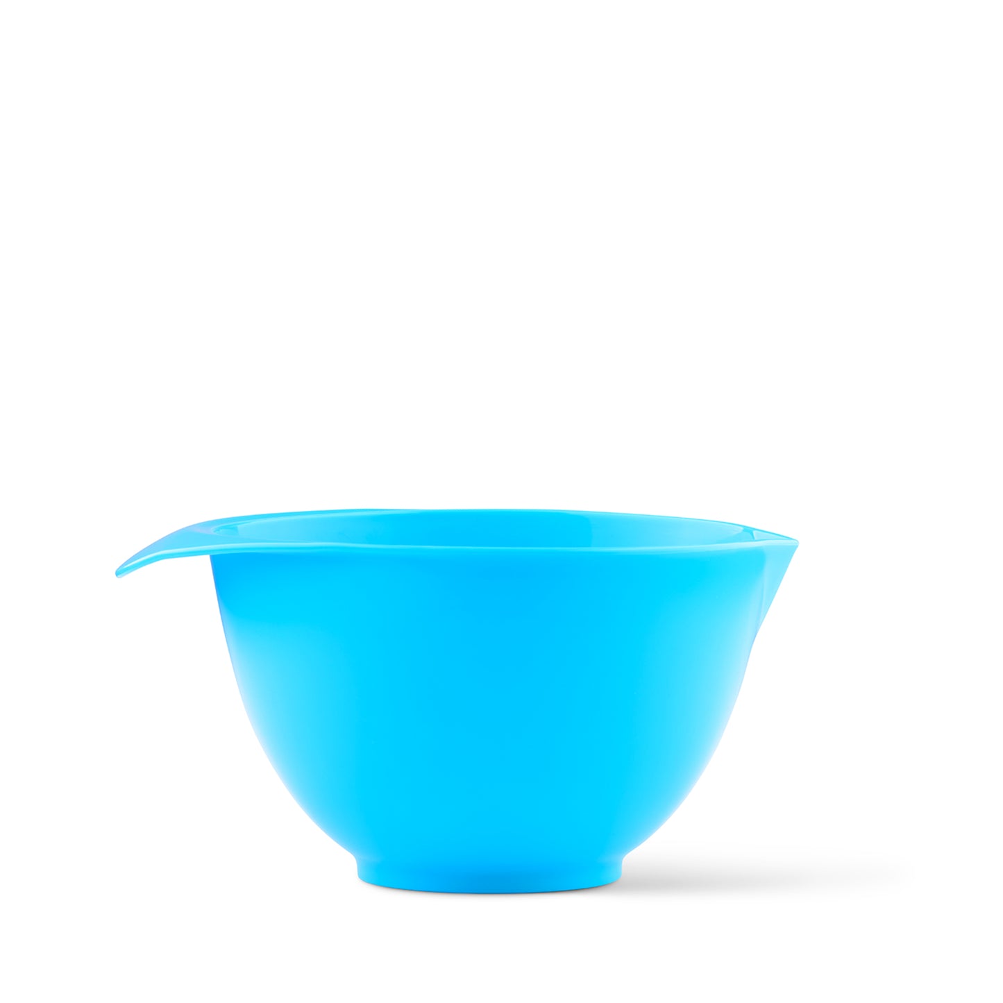 2 LItre light blue plastic mixing bowl with handle and spout, microwave safe and dishwasher safe