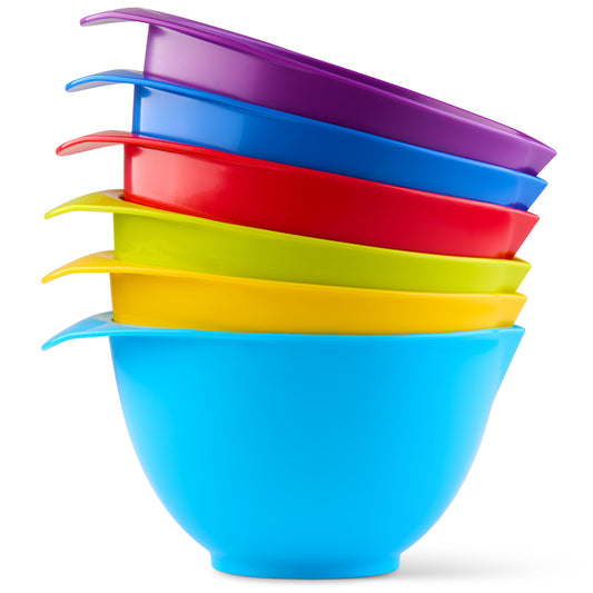 Coloured plastic mixing bowls set of 6 with handles and spouts, dishwasher and microwave safe
