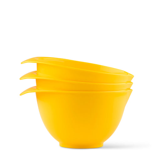 Yellow mixing bowls set of 3 with handle and spout, microwave safe and dishwasher safe