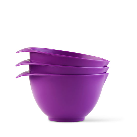 Purple mixing bowls set of 3 with handle and spout for baking and mixing, microwave safe and dishwasher safe