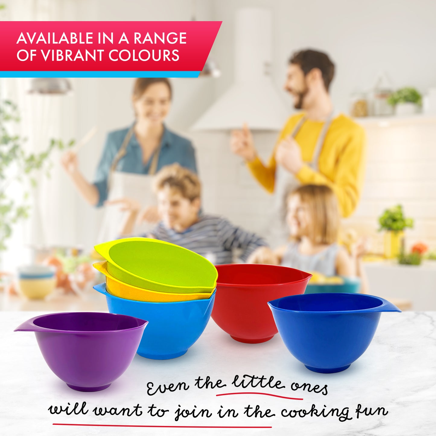 Vibrant plastic mixing bowls in yellow, purple, blues, red and purple