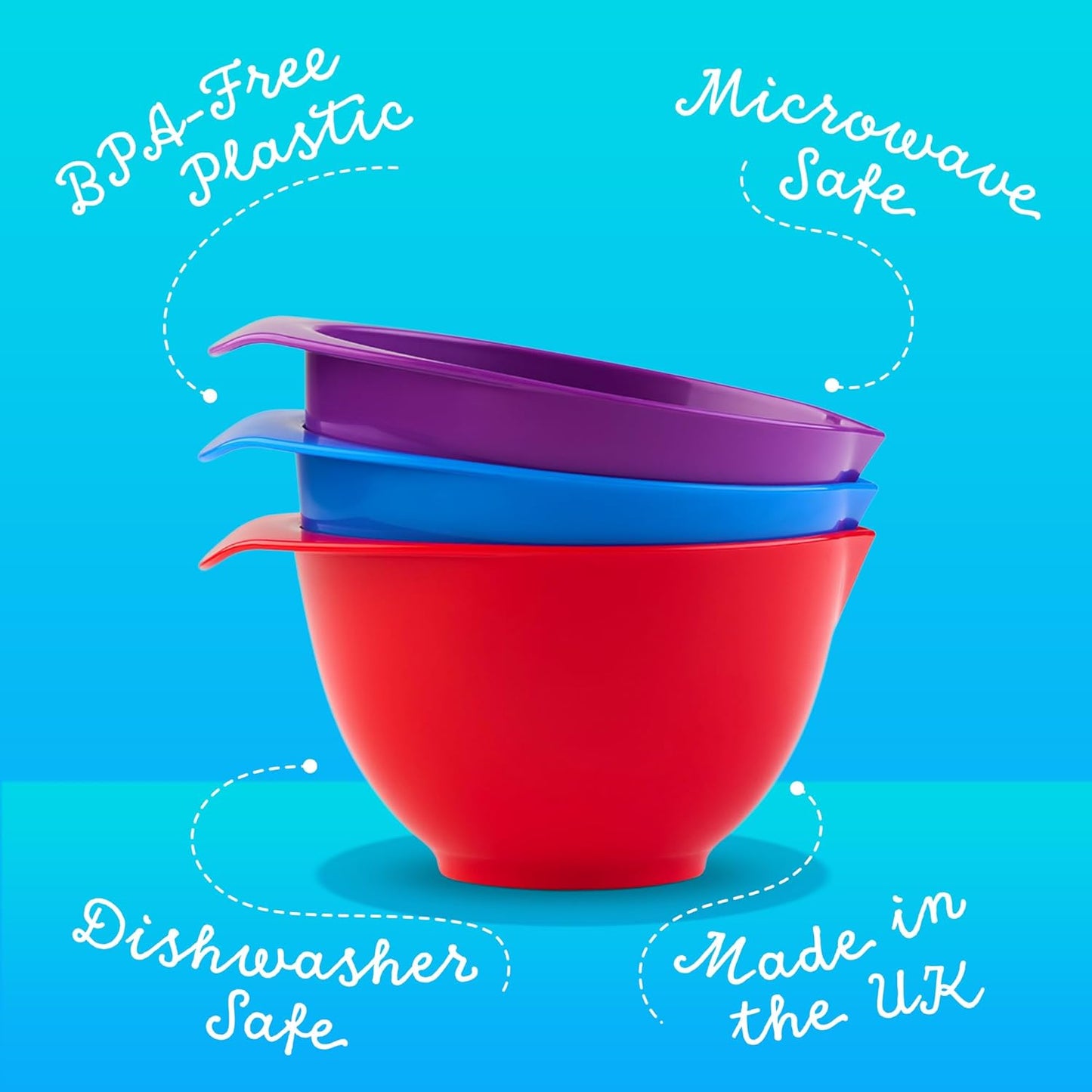 BPA free mixing bowls, microwave safe and dishwasher safe 