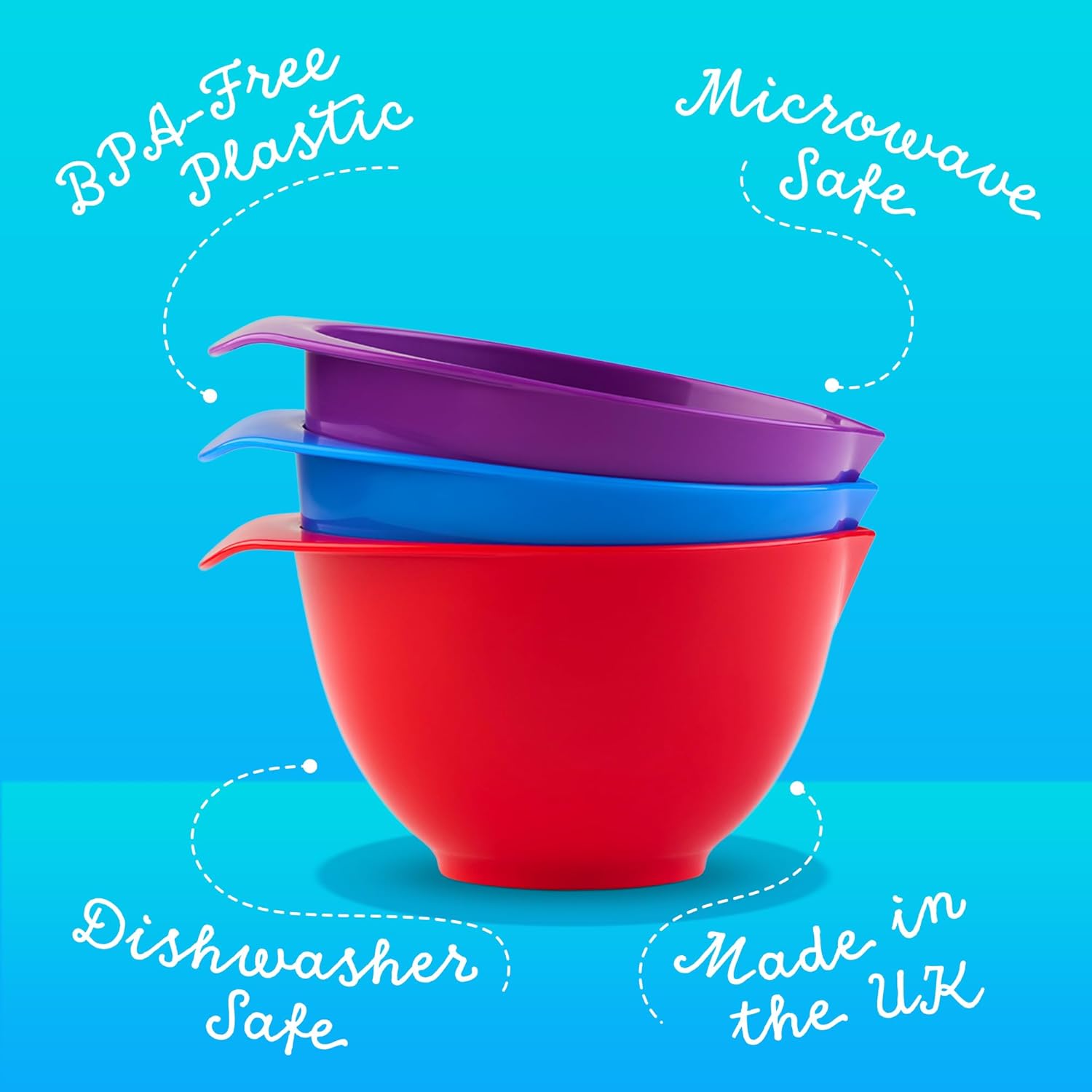 BPA free mixing bowls, microwave safe and dishwasher safe 