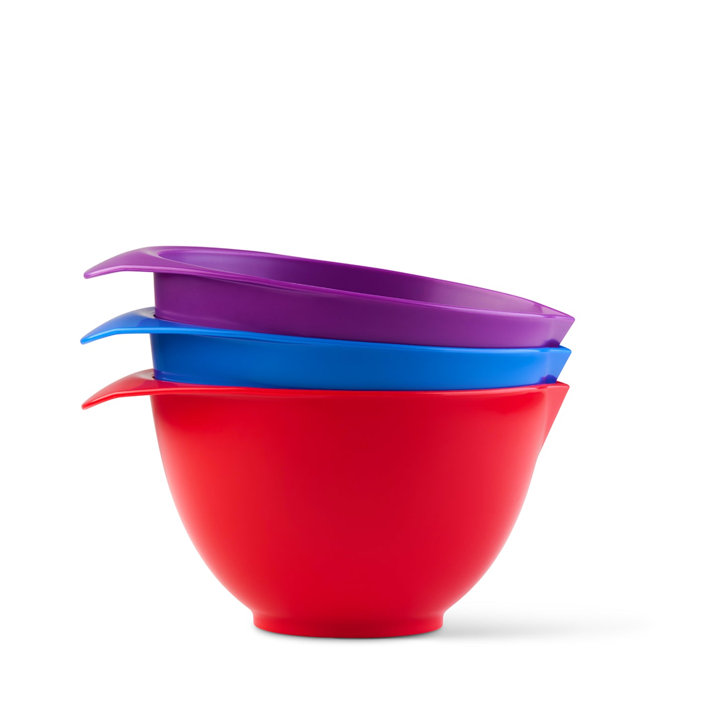 set of 3 plastic mixing bowls in purple, red and dark blue