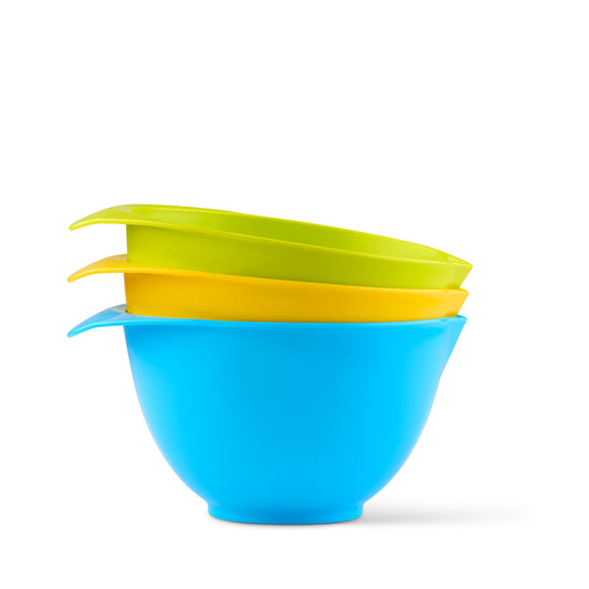 yellow, light blue and light green plastic mixing bowls set of 3