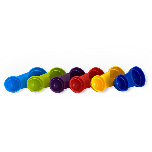 Brightly Coloured Plastic Measuring Spoons Set of 6 measuring spoons in yellow, red, dark blue, light blue, purple and green