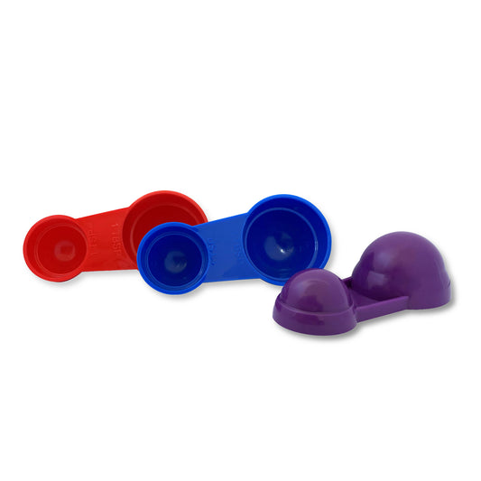 The bold red, blue and purple measuring spoon set for 1 tbsp, 1/2 tbsp, 1 tsp and 1/2 tsp 