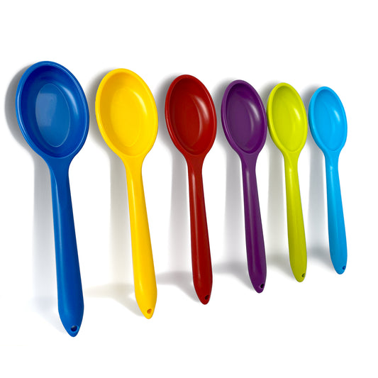 The all coloured plastic mixing spoons set of 6, microwave safe and dishwasher safe