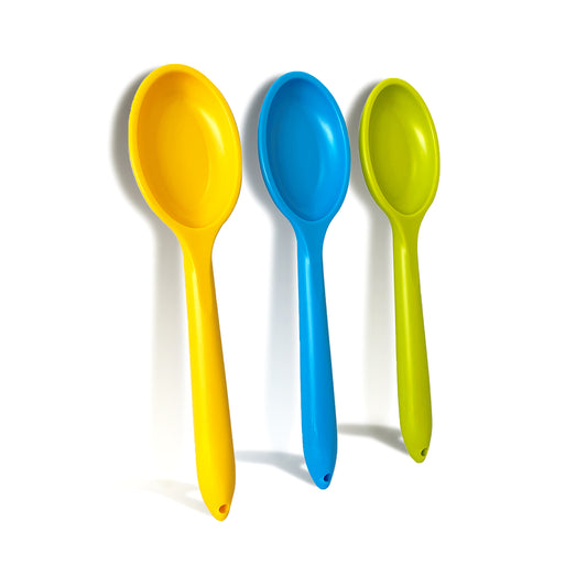 The Bright Plastic Mixing Spoon Set in Light Blue, Yellow and Green