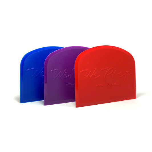 set of 3 plastic dough scrapers and cutters in dark blue, red and purple